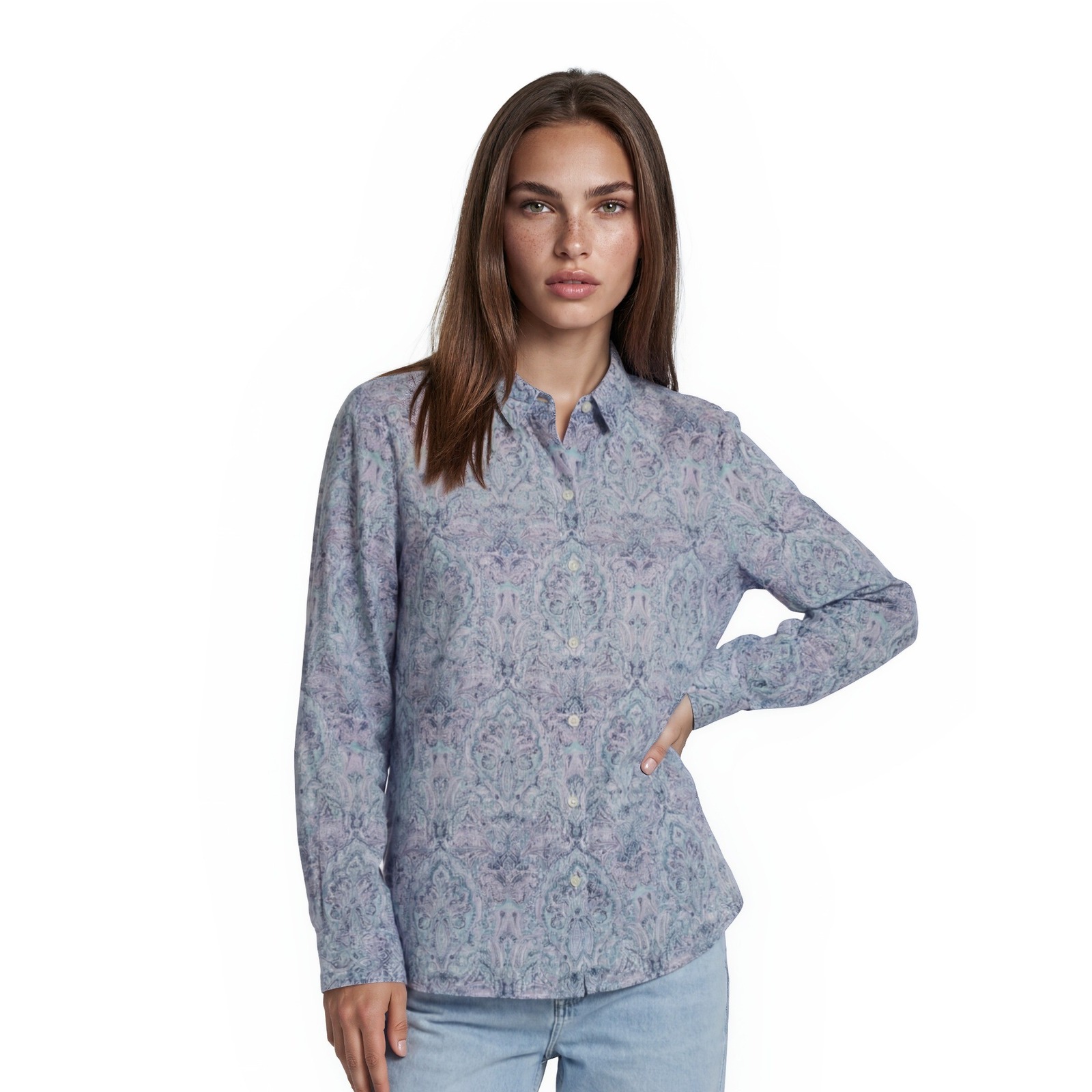 J. Jill Love Linen Blouse Top Shirt Women's Size Medium Petite Mp Blue Paisley